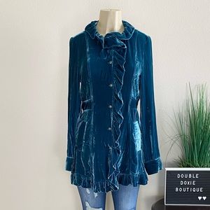 TASHA POLIZZI | Teal Velvet Silk Blend Ruffled Longline Jacket Sz M